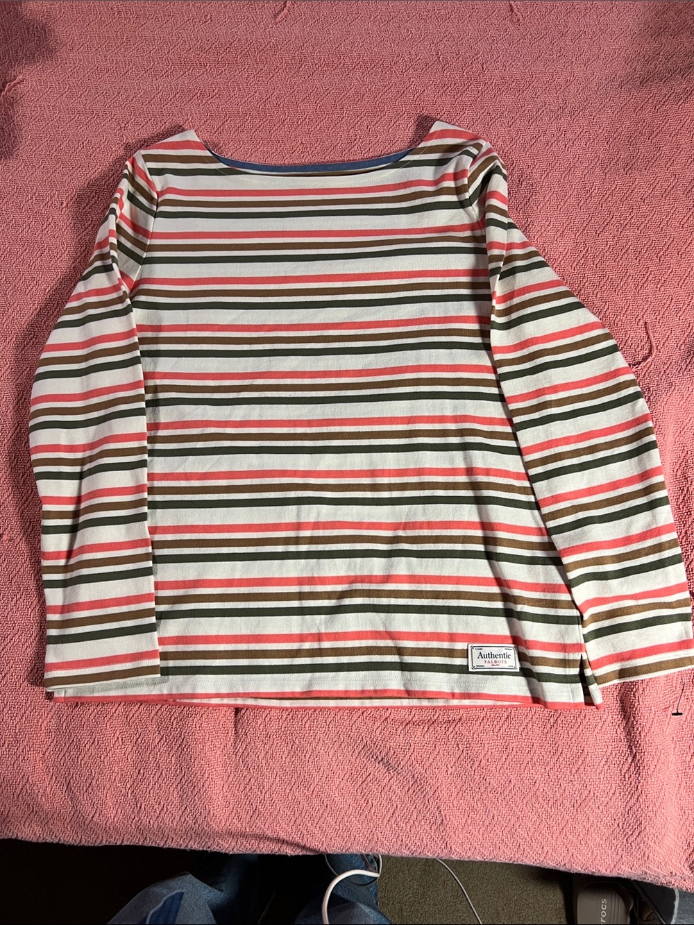 Talbots Cream, Coral & Olive Striped Long-Sleeve Tee New without TAGS